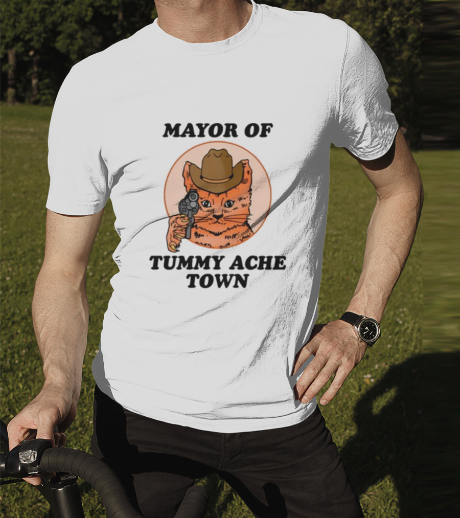 Mayor Of Tummy Ache Town Cat With Cowboy Hat And Gun T-Shirt