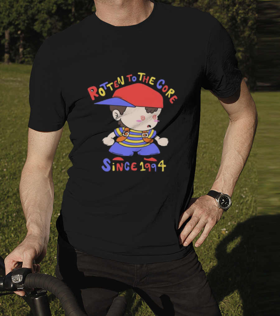 Rotten To The Core Since 1994 Cartoon Character With Red Cap And Striped T-Shirt