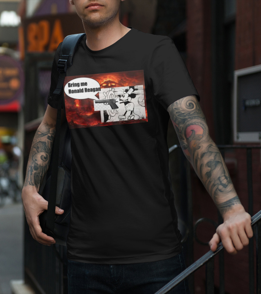 Bring Me Ronald Reagan Cartoon Character And Gun Over Fiery Background T-Shirt