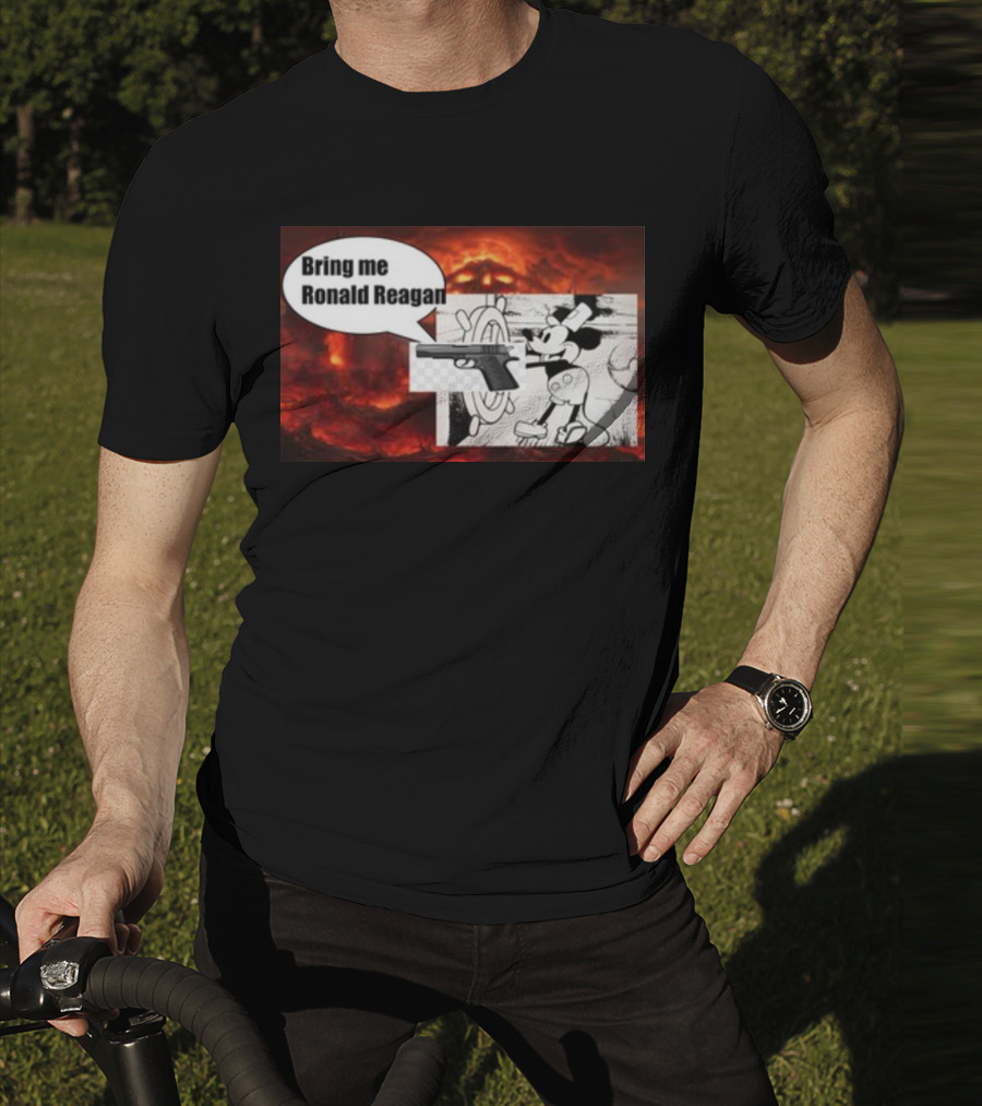 Bring Me Ronald Reagan Cartoon Character And Gun Over Fiery Background T-Shirt