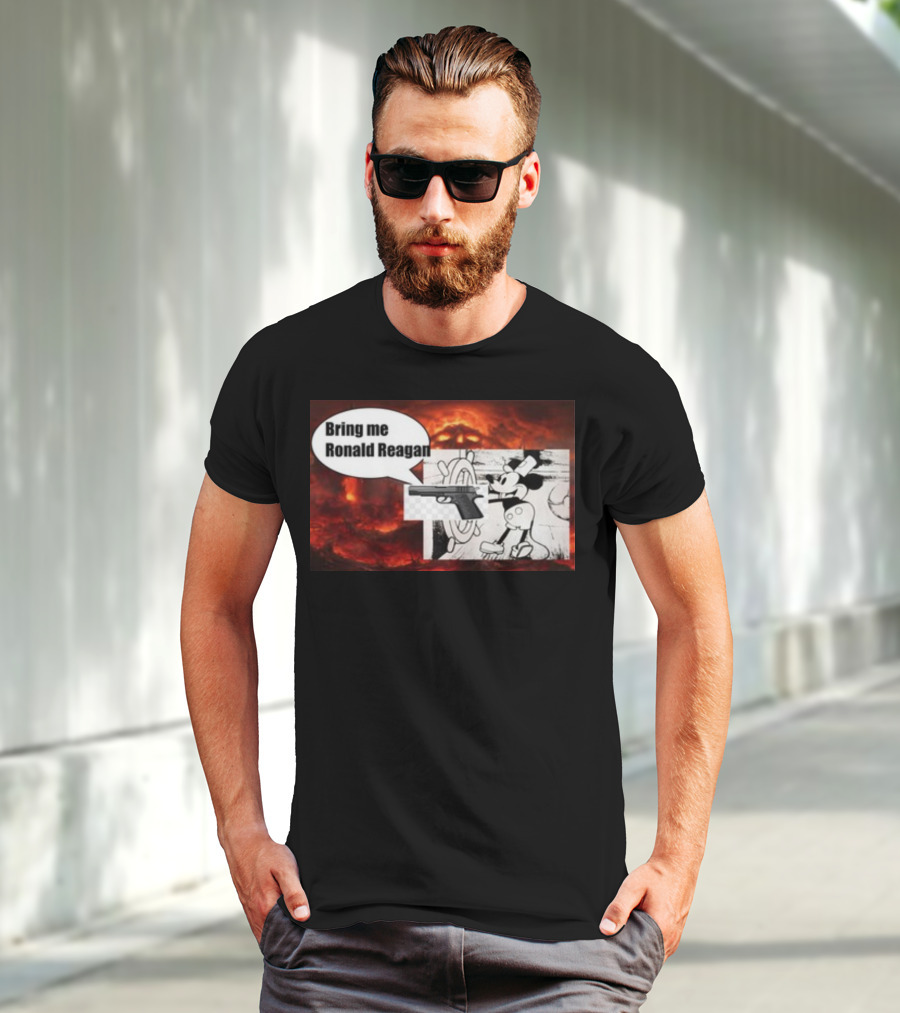 Bring Me Ronald Reagan Cartoon Character And Gun Over Fiery Background T-Shirt