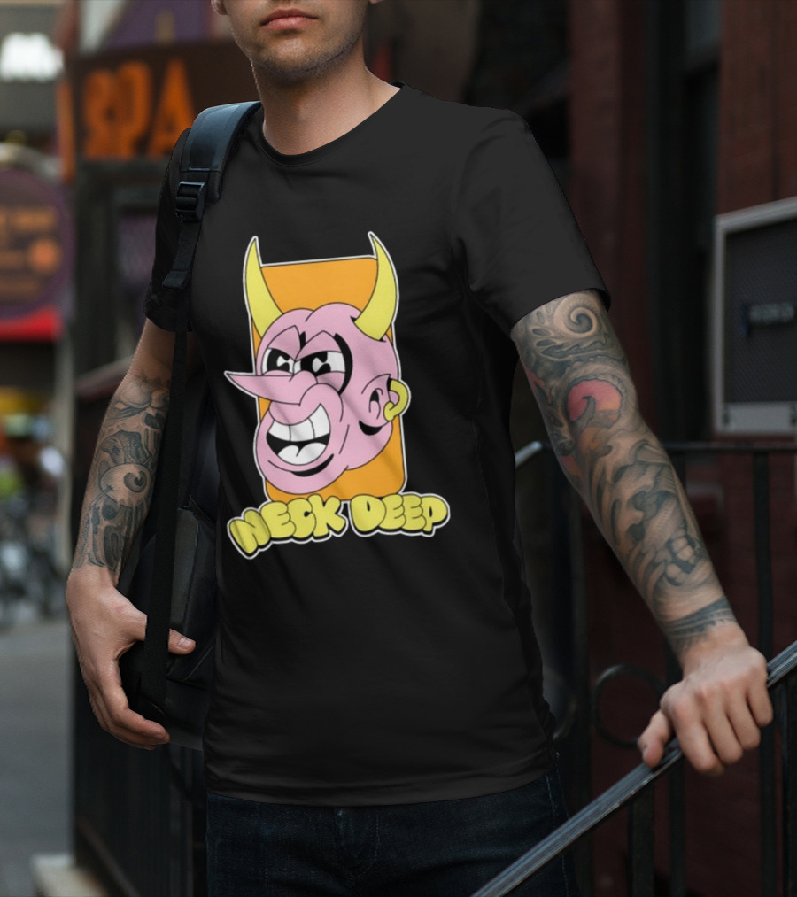 NeckDeepUK Neck Deep Cartoon Devil Face Yellow Horns Pink Head T-Shirt