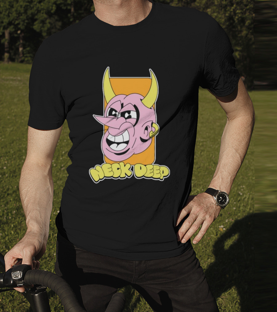 NeckDeepUK Neck Deep Cartoon Devil Face Yellow Horns Pink Head T-Shirt