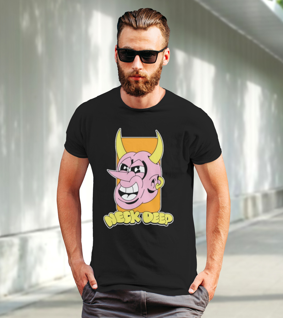 NeckDeepUK Neck Deep Cartoon Devil Face Yellow Horns Pink Head T-Shirt