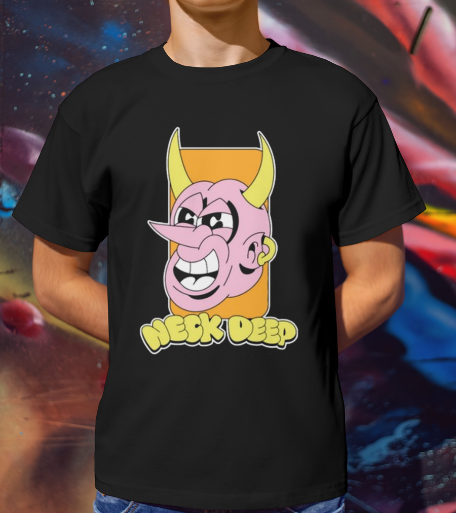 NeckDeepUK Neck Deep Cartoon Devil Face Yellow Horns Pink Head T-Shirt