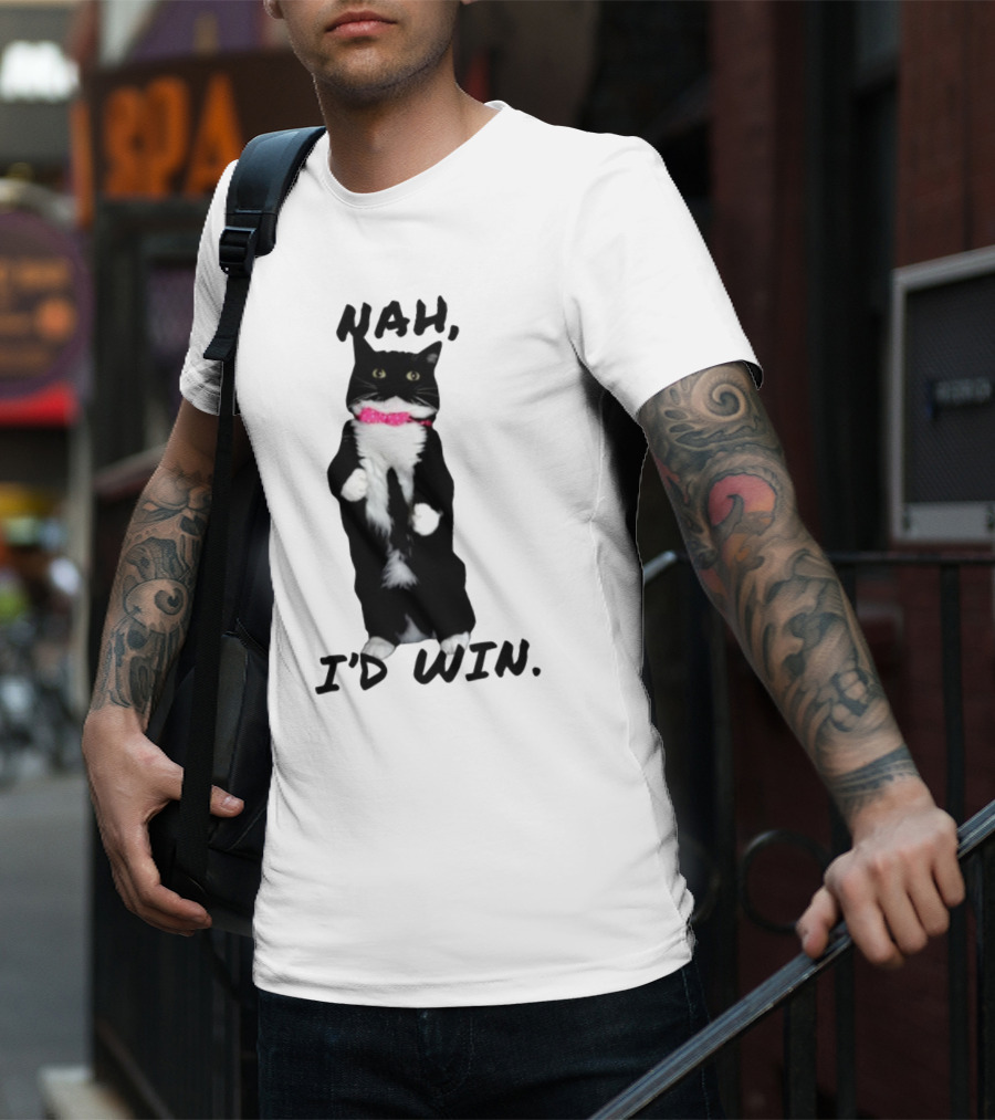 Nah I'd Win Black And White Cat With Pink Bow Tie T-Shirt