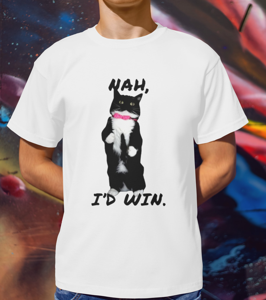Nah I'd Win Black And White Cat With Pink Bow Tie T-Shirt