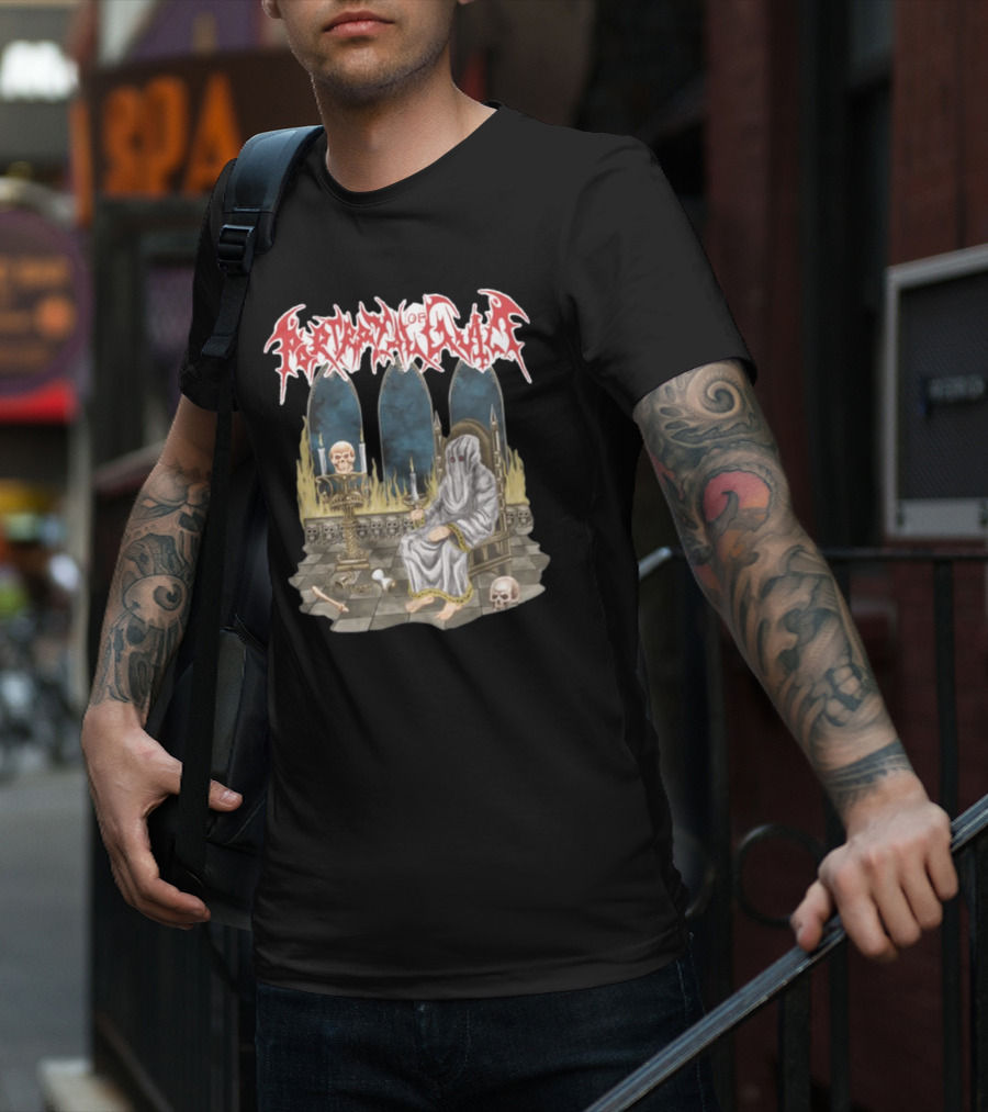 Portrayal Of Guilt Eyedust Cloaked Figure With Skull Throne And Candles T-Shirt