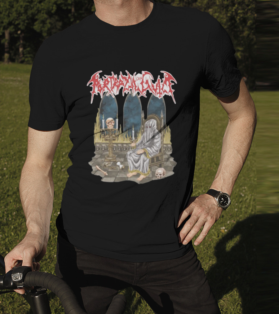 Portrayal Of Guilt Eyedust Cloaked Figure With Skull Throne And Candles T-Shirt