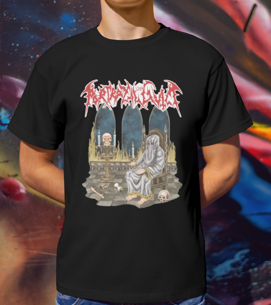 Portrayal Of Guilt Eyedust Cloaked Figure With Skull Throne And Candles T-Shirt