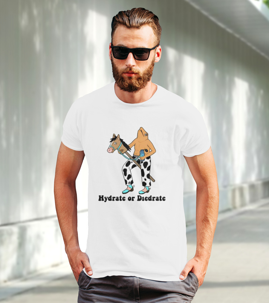 Hydrate Or Diedrate Frog Head On Human Riding Stick Horse With Cow Pants And Water Bottle T-Shirt