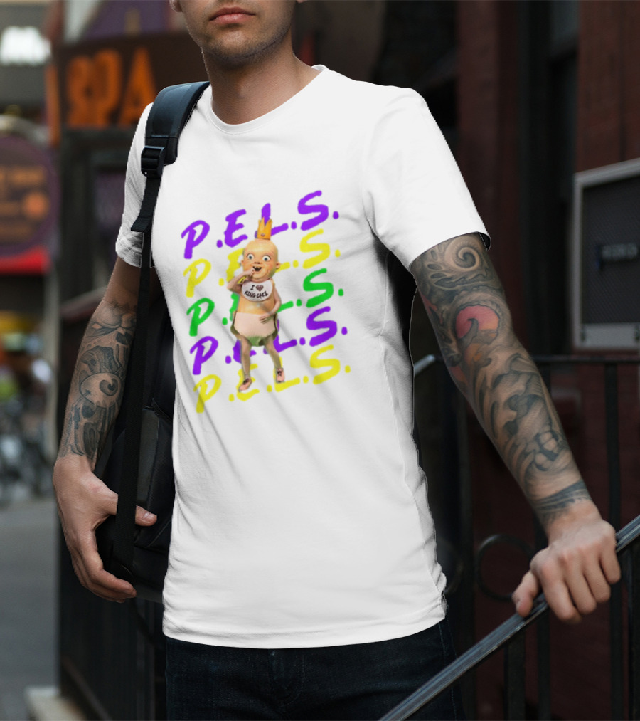 P.E.L.S King Cakes Baby Icon Text In Purple Green Yellow T-Shirt
