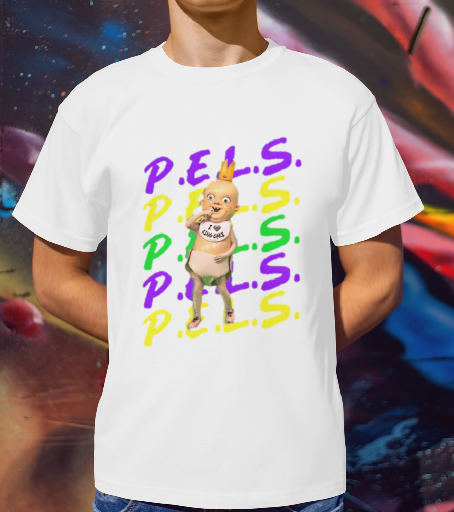 P.E.L.S King Cakes Baby Icon Text In Purple Green Yellow T-Shirt