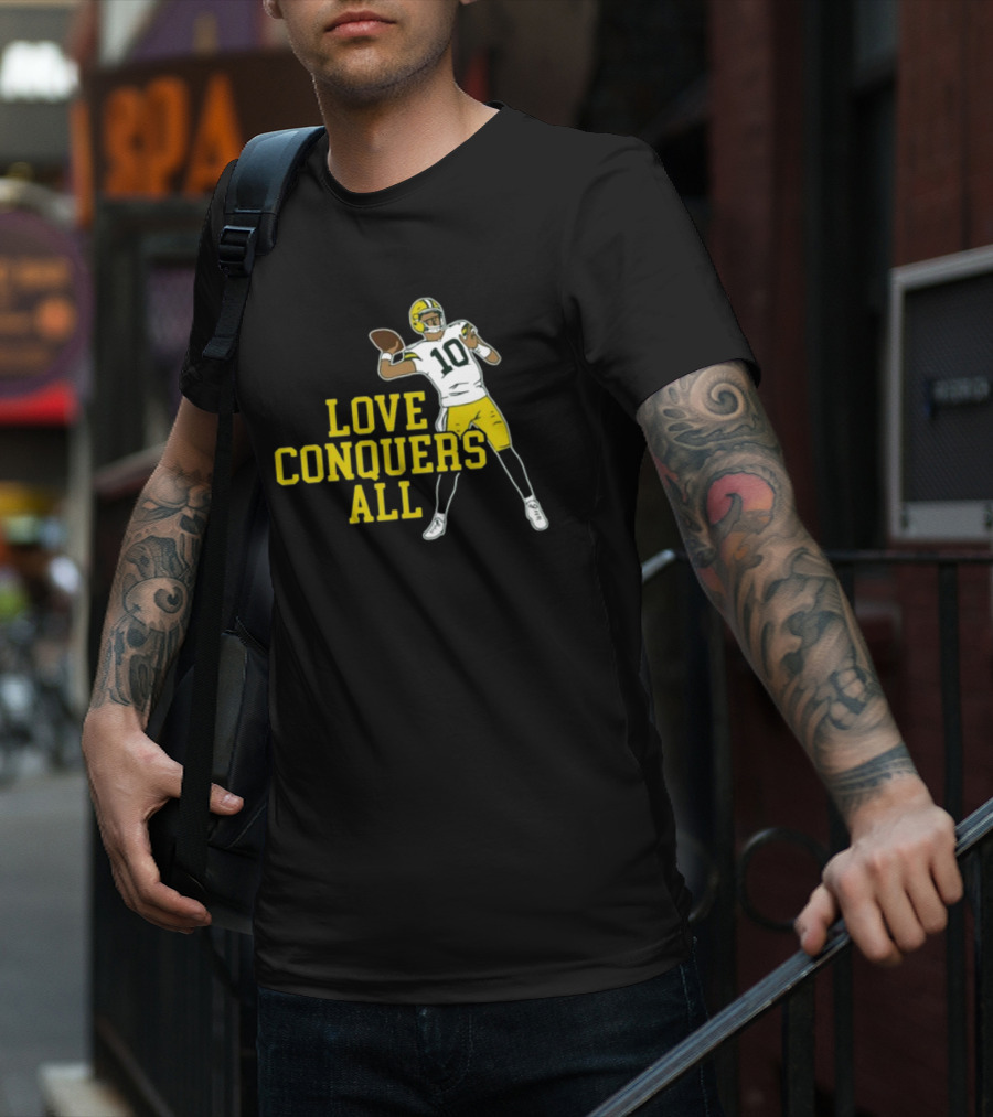Love Conquers All Green And Yellow Number 10 Football Player T-Shirt