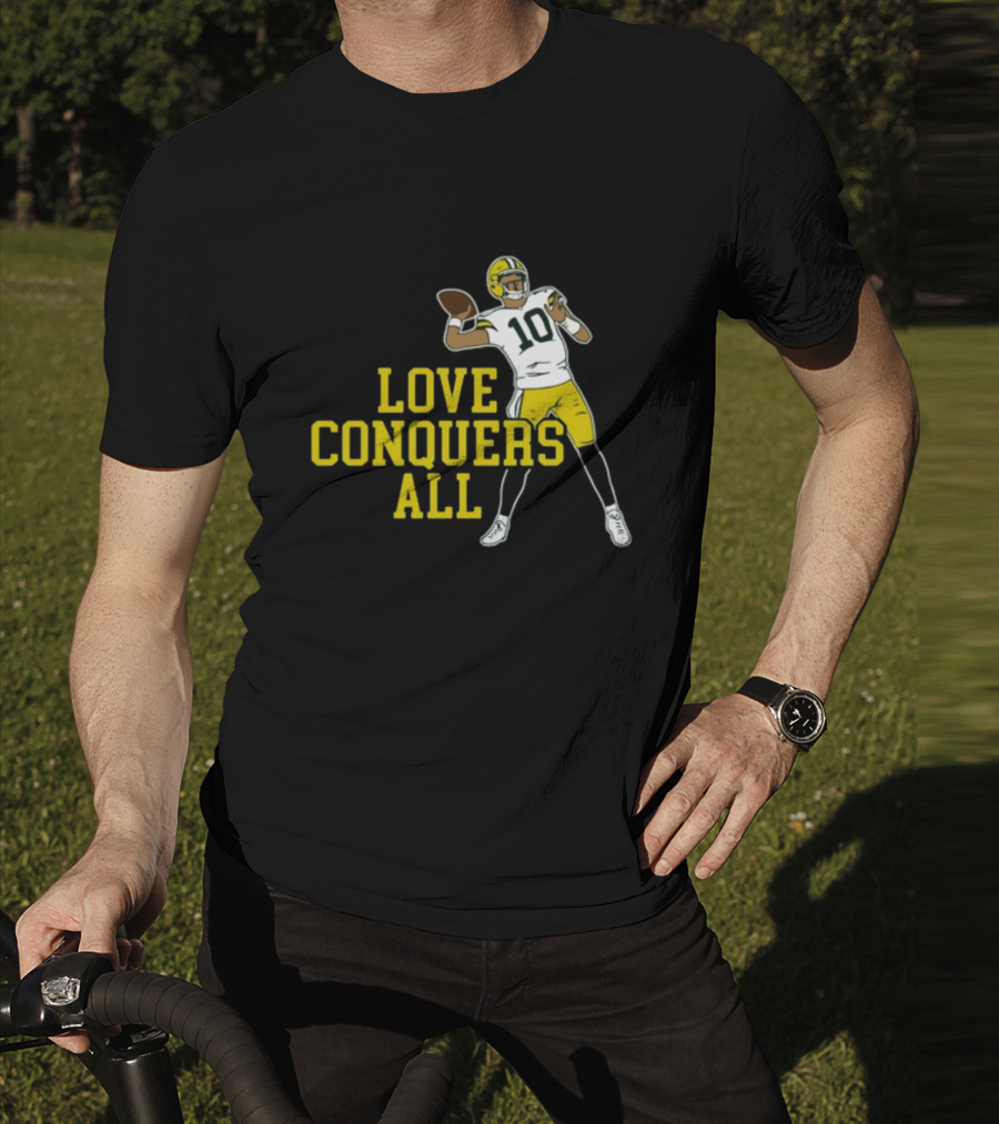 Love Conquers All Green And Yellow Number 10 Football Player T-Shirt