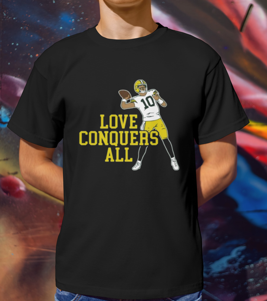 Love Conquers All Green And Yellow Number 10 Football Player T-Shirt