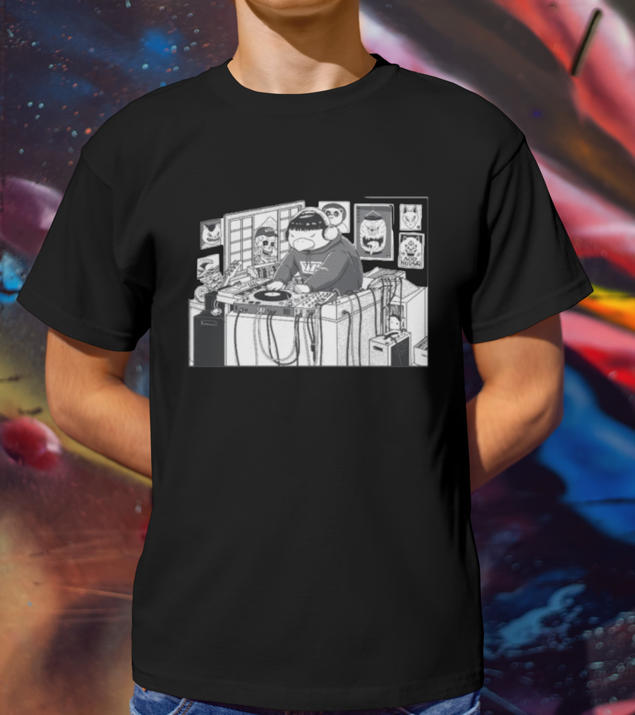 Yokai Beats DJ Mixing In Studio With Japanese Mask Collection T-Shirt