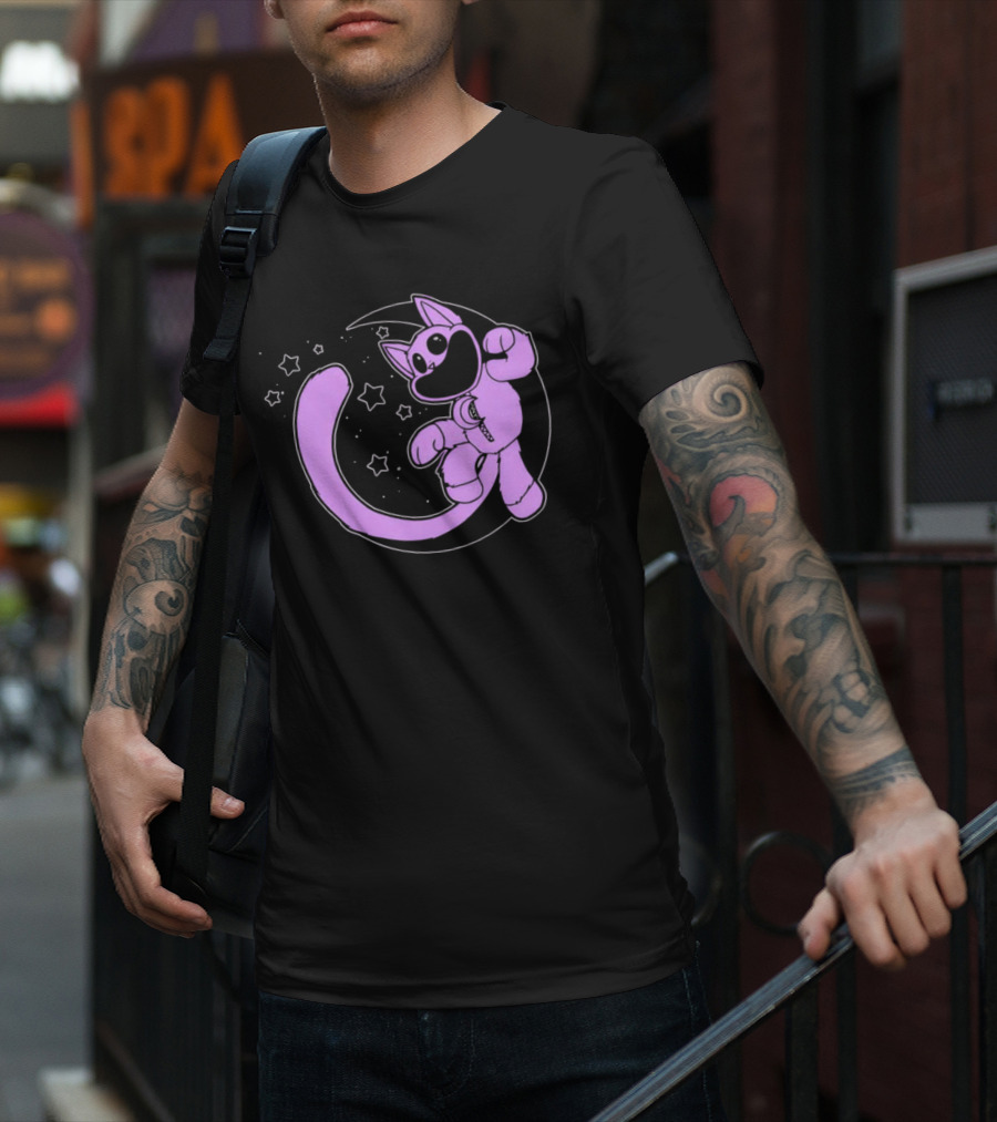 Purple Cartoon Cat With Stars And Moon T-Shirt