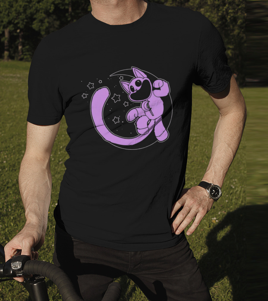 Purple Cartoon Cat With Stars And Moon T-Shirt