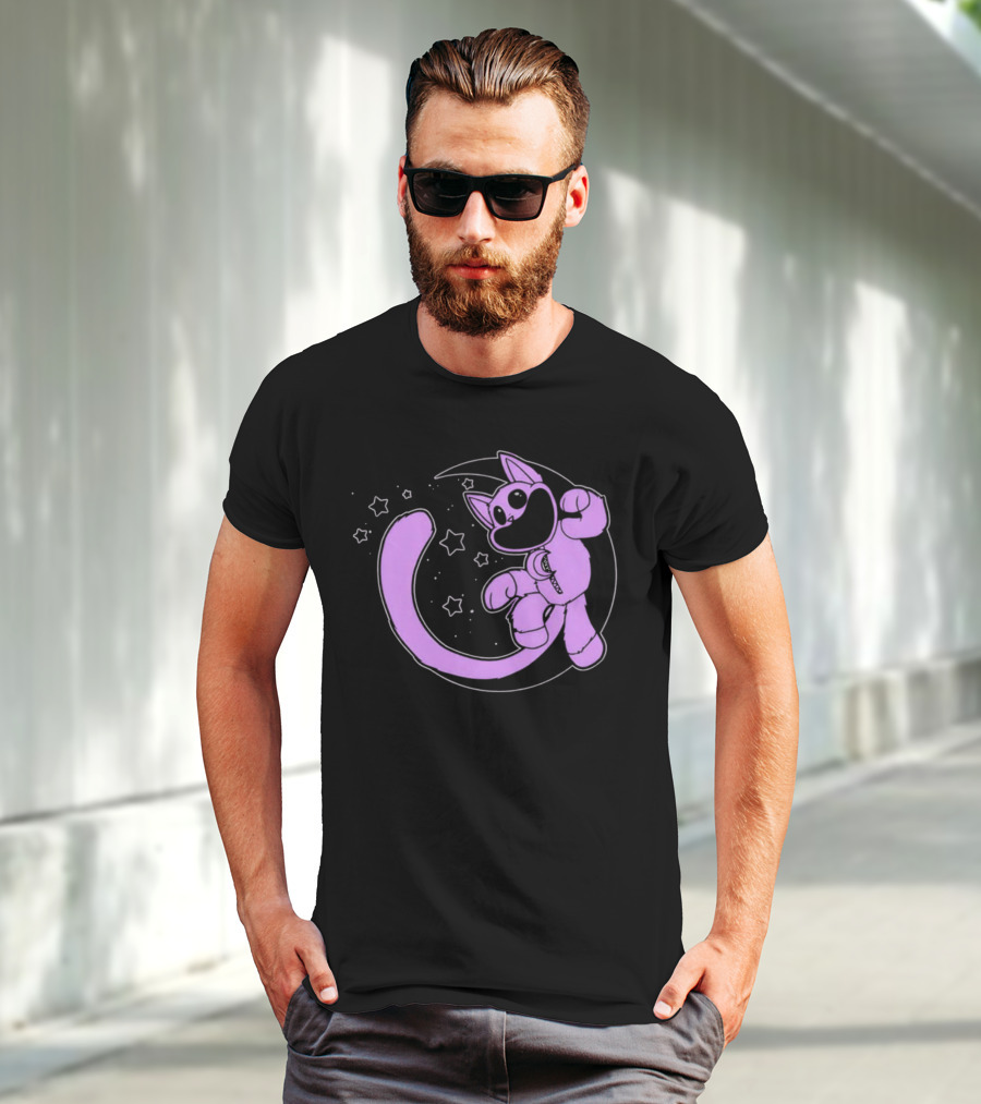 Purple Cartoon Cat With Stars And Moon T-Shirt