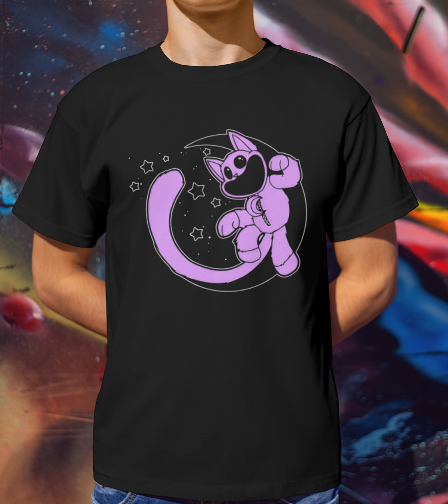 Purple Cartoon Cat With Stars And Moon T-Shirt