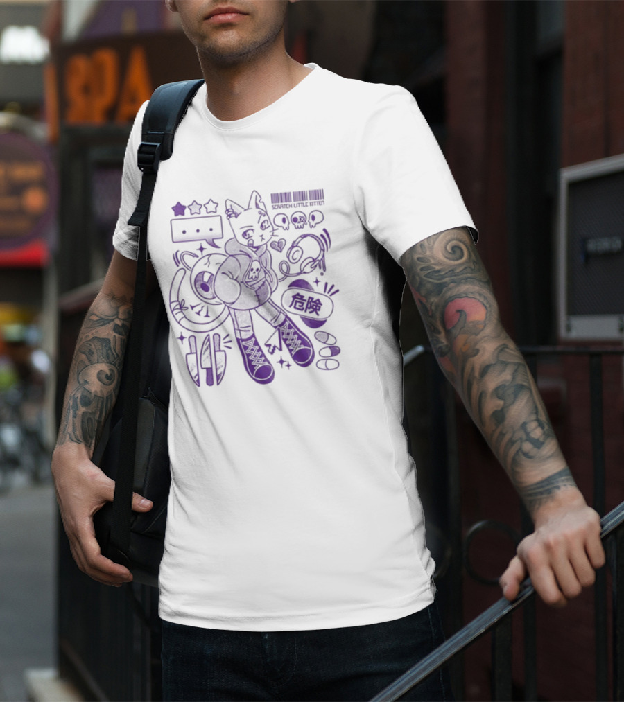 Theyetee Scratch Little Kitten Danger Barcode Skull Stars T-Shirt