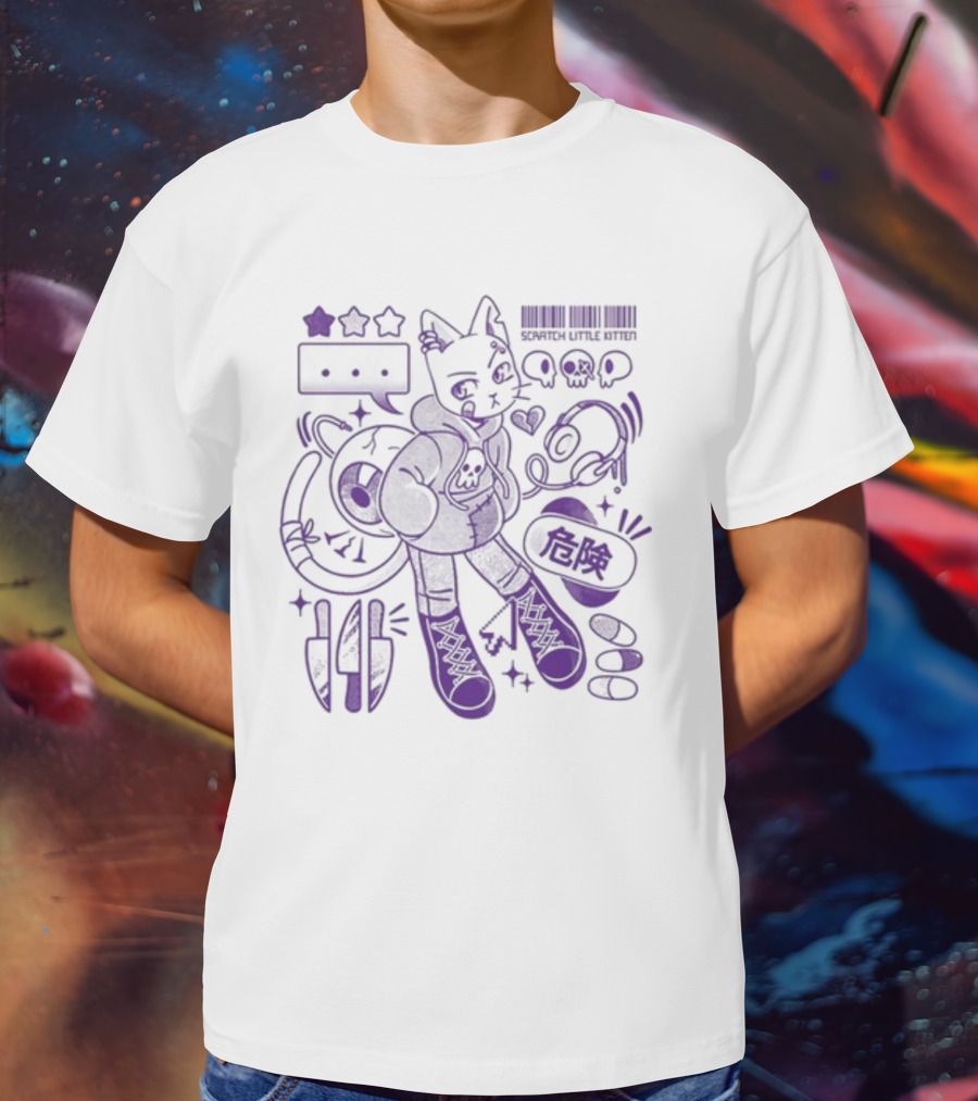 Theyetee Scratch Little Kitten Danger Barcode Skull Stars T-Shirt