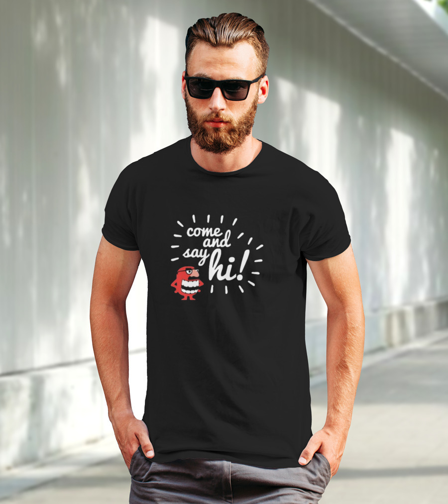 Ministryoftesting Come And Say Hi Red Cartoon Character T-Shirt