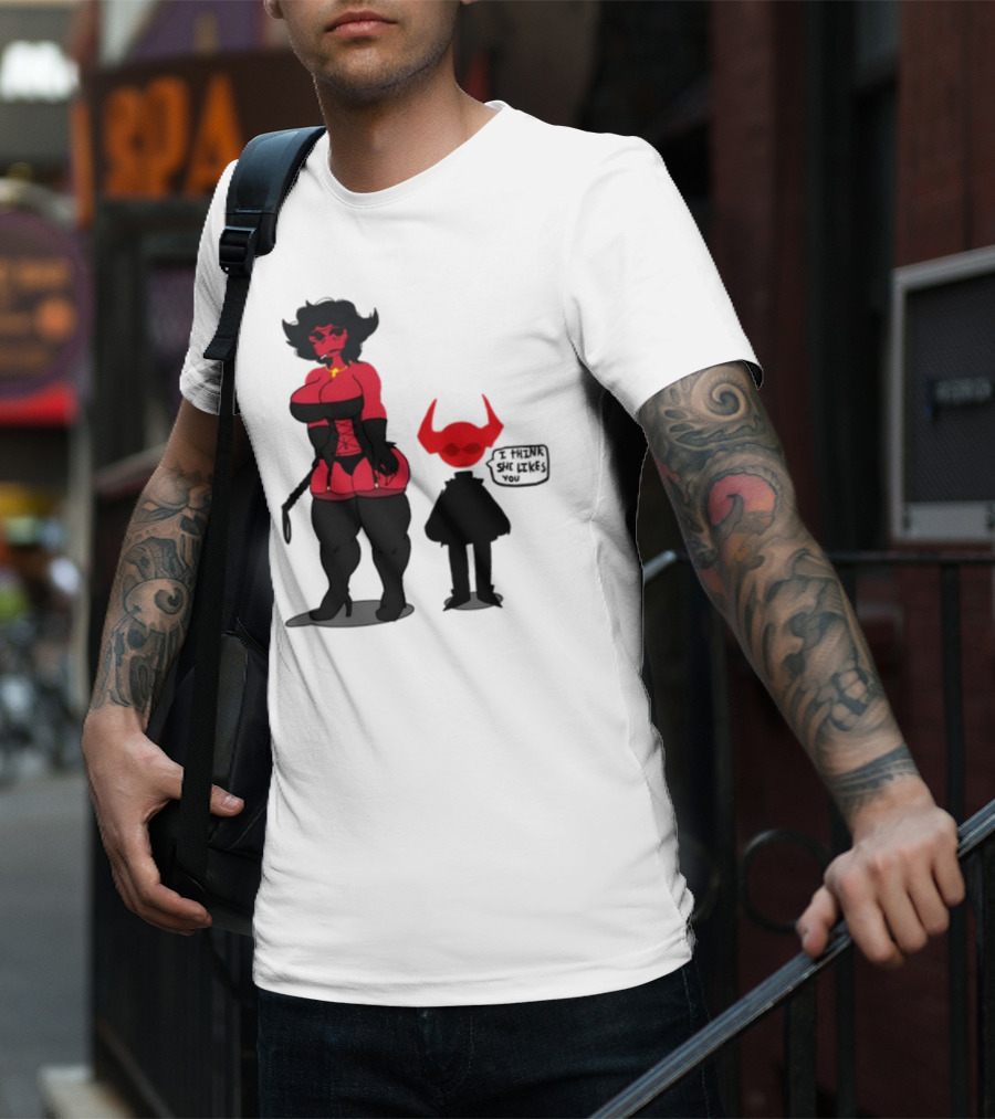 Thewboy Red Character With Devil Horns I Think She Likes You T-Shirt
