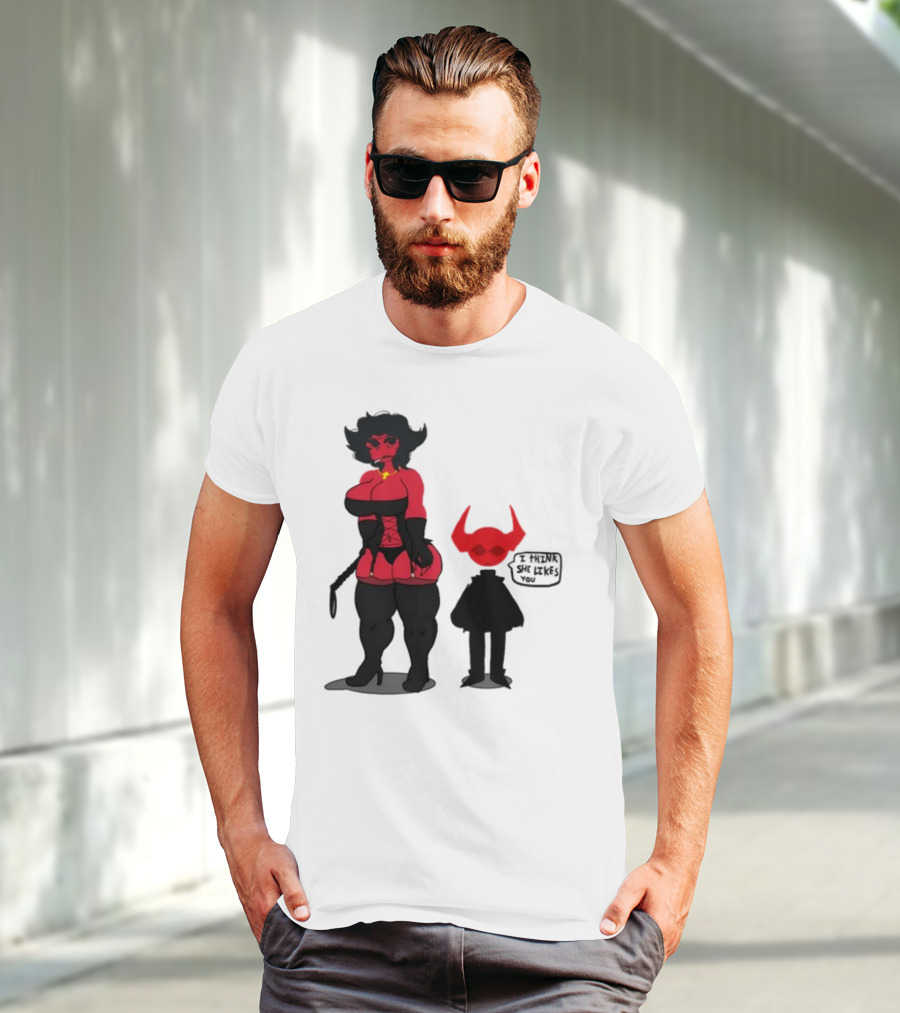 Thewboy Red Character With Devil Horns I Think She Likes You T-Shirt