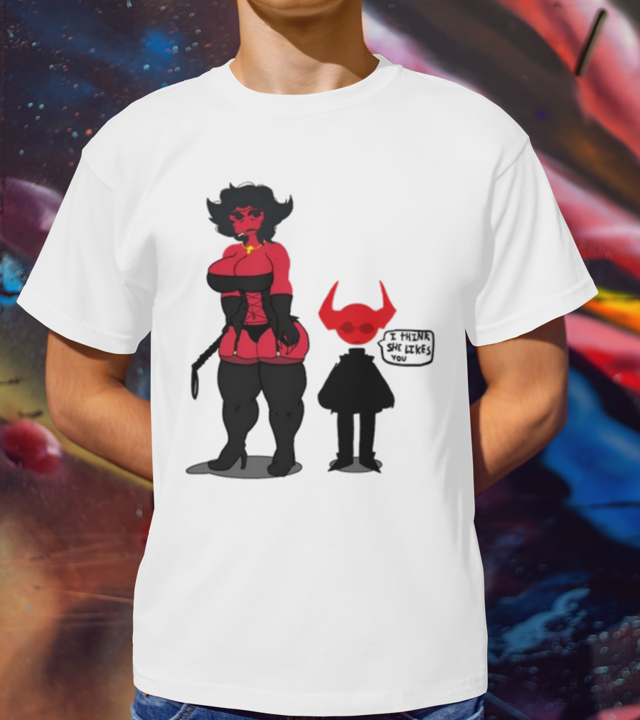 Thewboy Red Character With Devil Horns I Think She Likes You T-Shirt