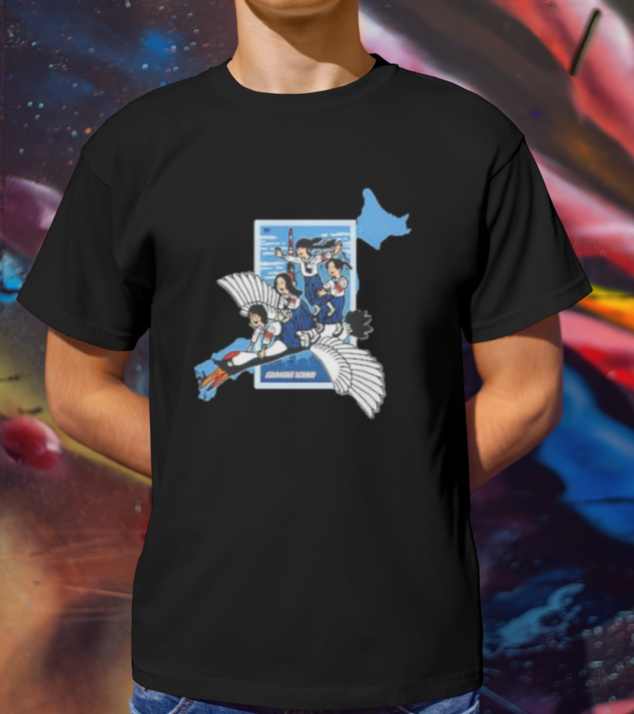 Atarashii Gakko Navy Crane Girls Riding White Bird Japan Map T-Shirt