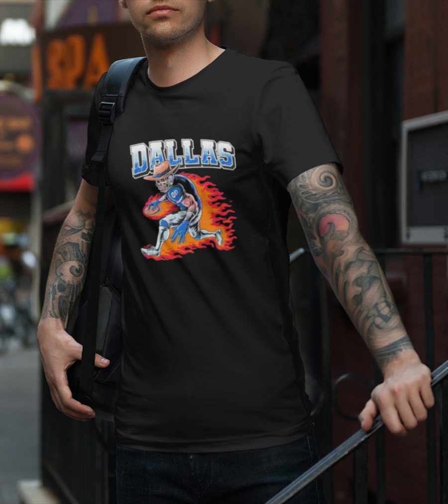 Dallas Cowboy Football Skeleton Player In Flames T-Shirt
