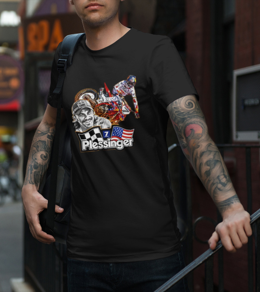 Plessinger American Motocross Racer With Flags And Checkered T-Shirt