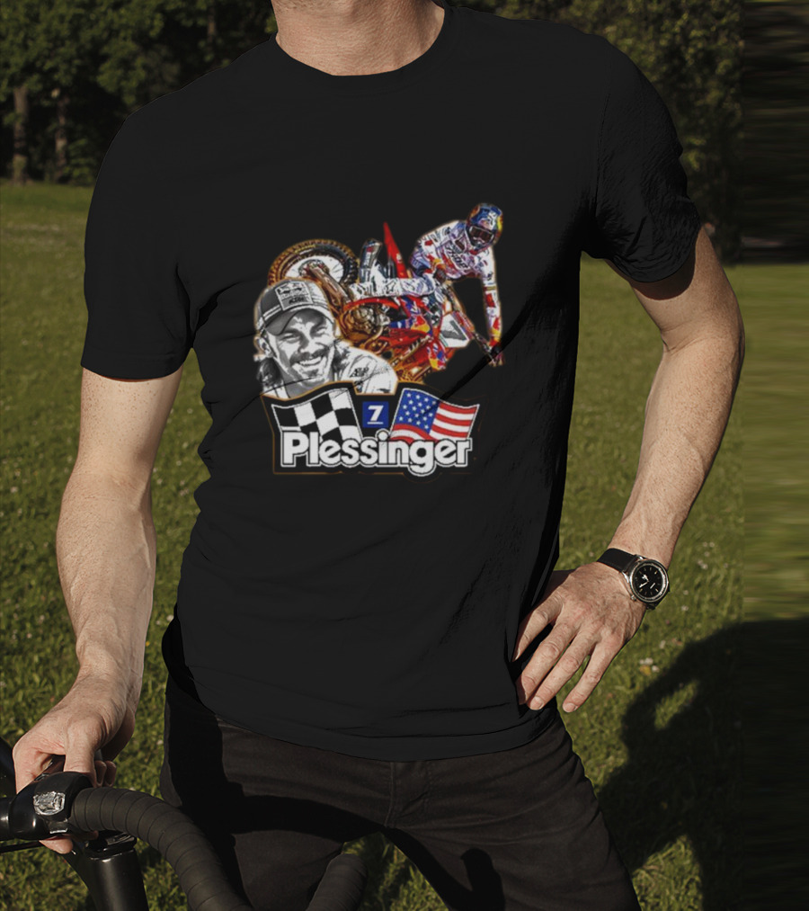Plessinger American Motocross Racer With Flags And Checkered T-Shirt