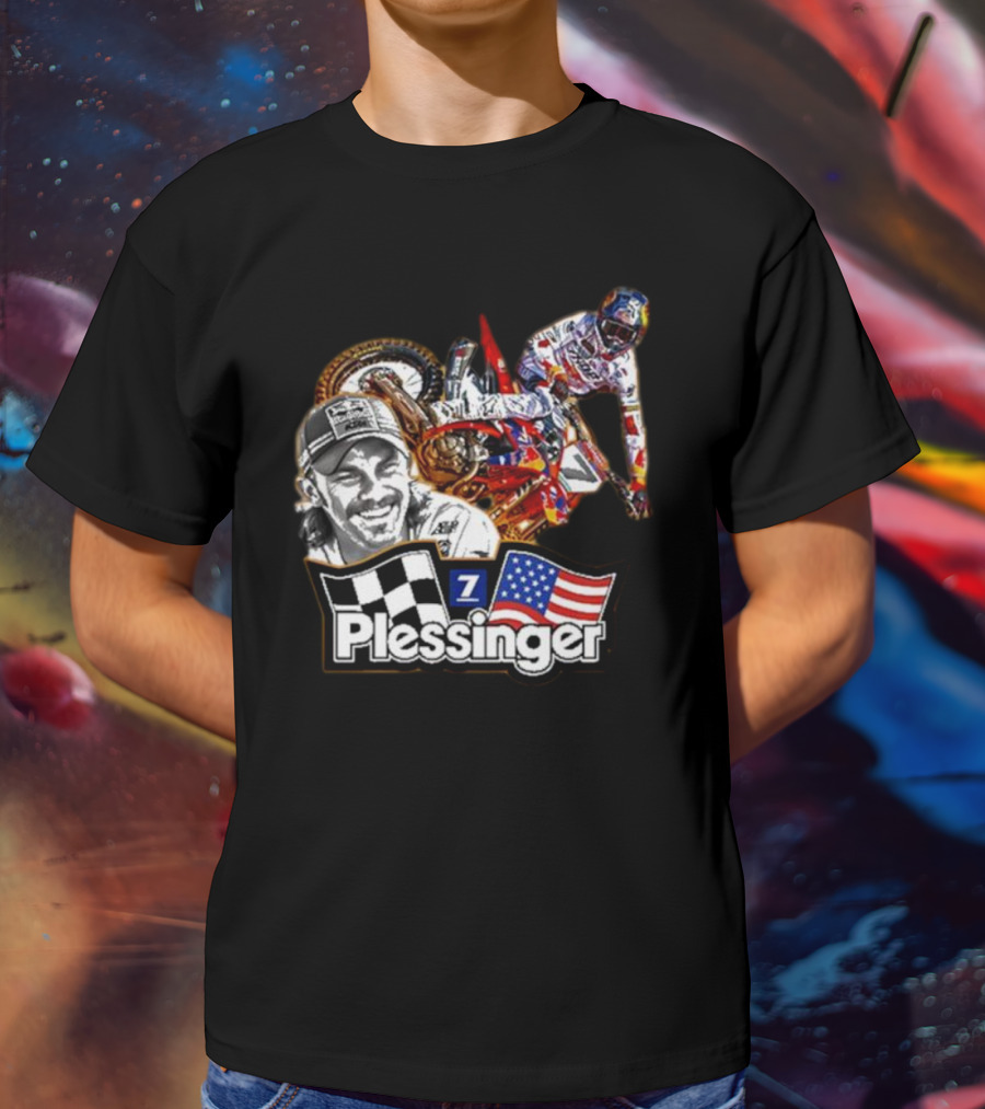 Plessinger American Motocross Racer With Flags And Checkered T-Shirt
