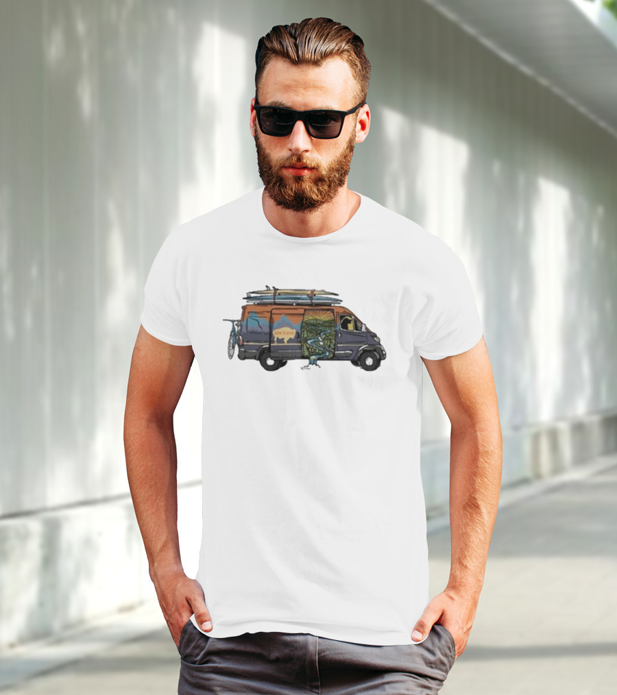 Born To Roam Adventure Camper With Surfboards And Bicycles T-Shirt