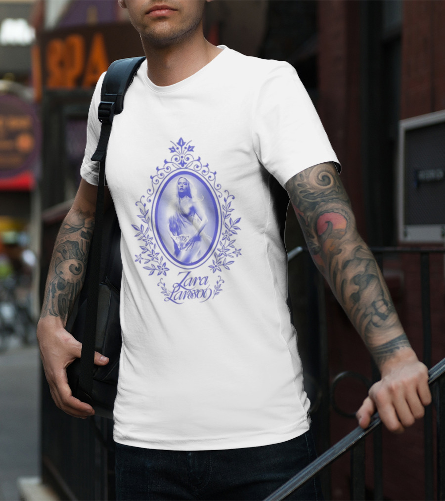 ZaraLarsson Venus Ecru Blue Gothic Floral Frame T-Shirt