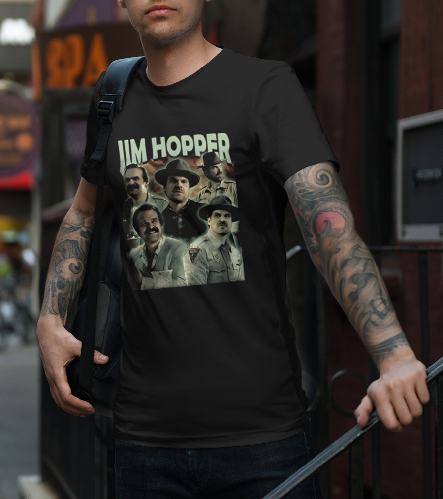 Jim Hopper Vintage Frtingglitter Nostalgic Character Montage T-Shirt