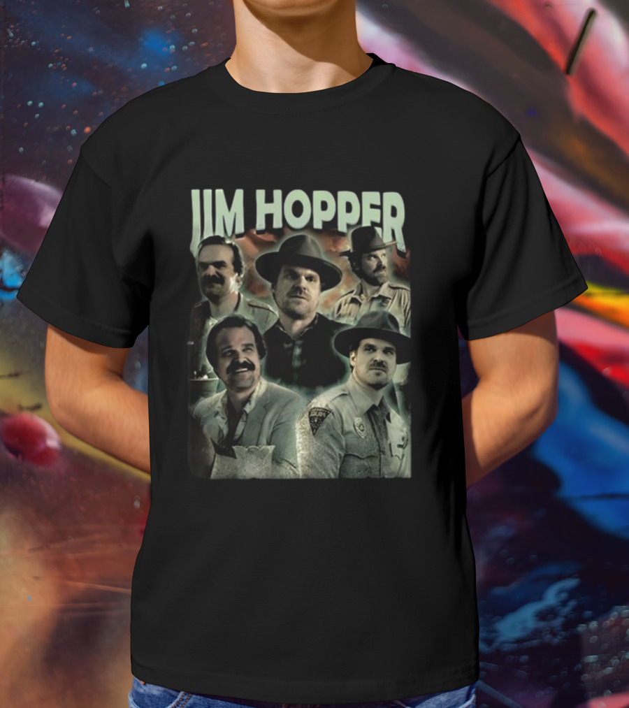 Jim Hopper Vintage Frtingglitter Nostalgic Character Montage T-Shirt