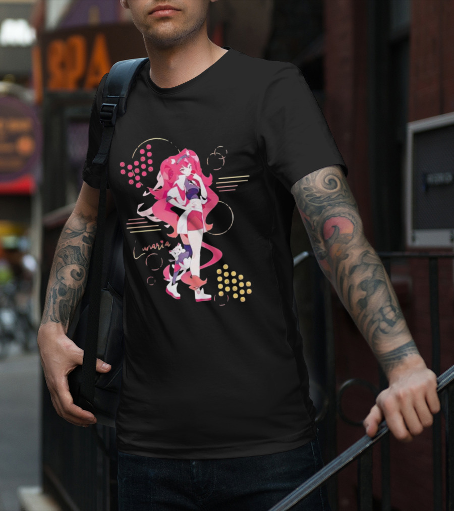 Lunaria Streetwear Pink Hair Girl With Cat And Circles T-Shirt