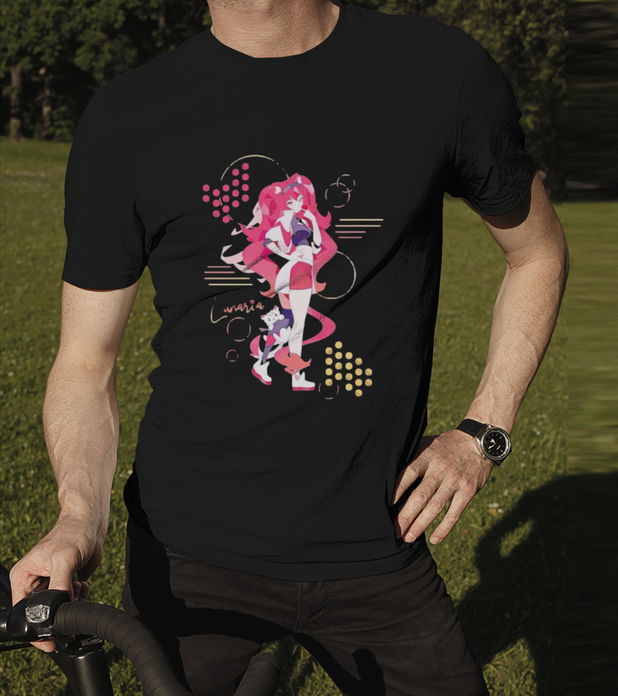 Lunaria Streetwear Pink Hair Girl With Cat And Circles T-Shirt