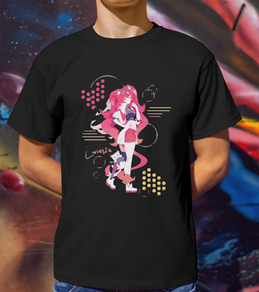 Lunaria Streetwear Pink Hair Girl With Cat And Circles T-Shirt