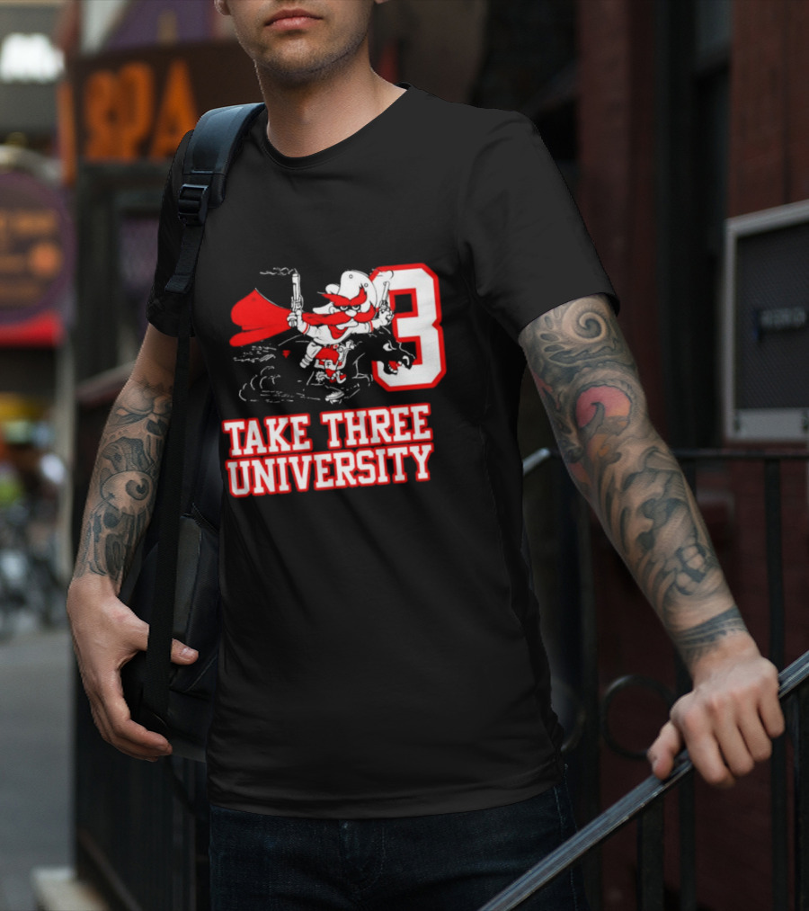 Take Three University Cowboy Mascot With Dual Pistols Number 3 T-Shirt