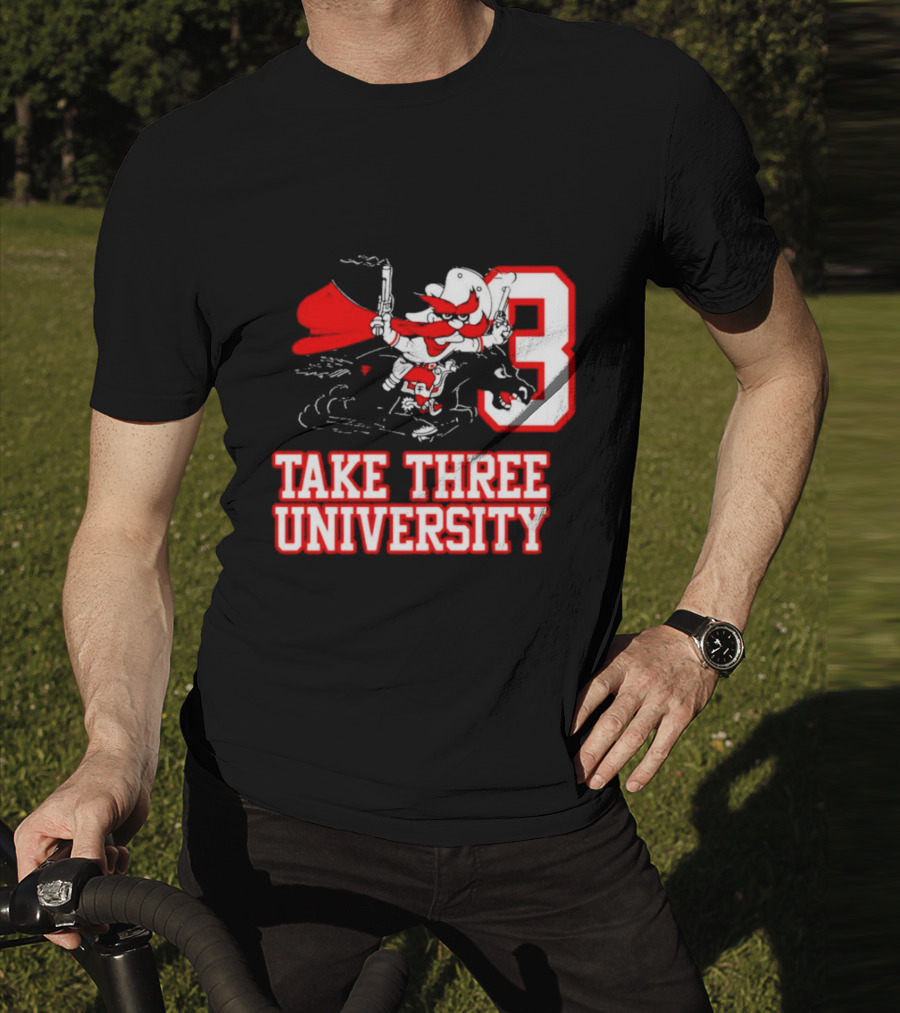 Take Three University Cowboy Mascot With Dual Pistols Number 3 T-Shirt
