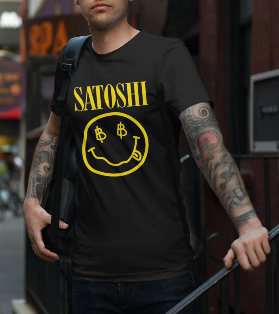 SATOSHI Smiley Face With Bitcoin Symbols T-Shirt