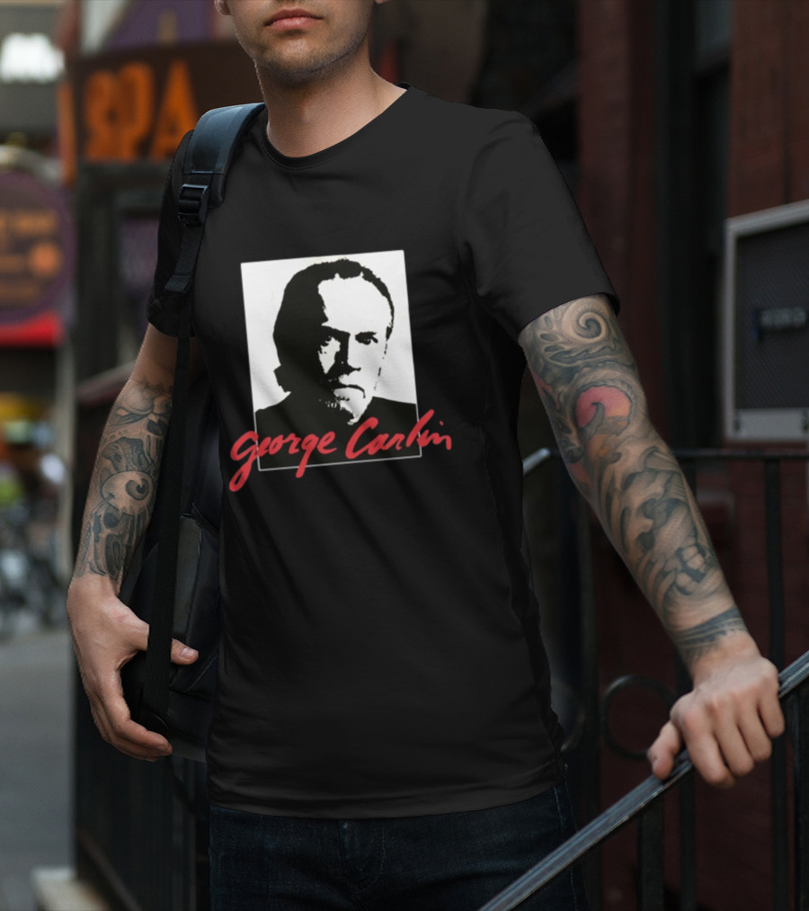 George Carlin Sometimes A Little Brain Damage Can Help Black And White Portrait Mike Cessario T-Shirt