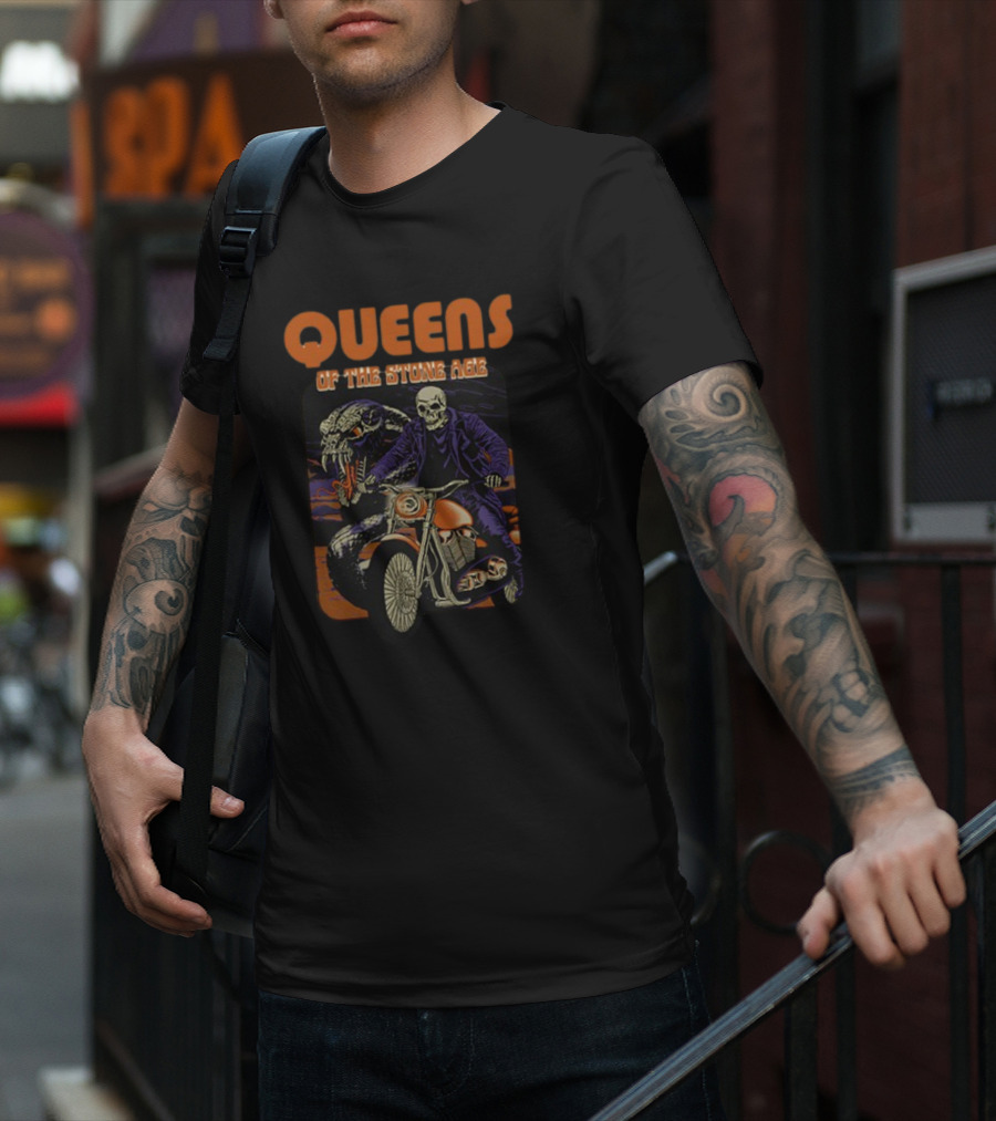 Queens Of The Stone Age Skeleton Biker With Snake Background T-Shirt