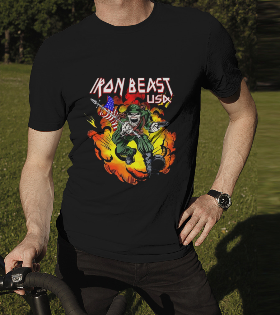Iron Beast USA Explosive Soldier With American Flag T-Shirt