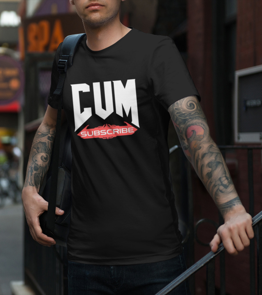 CUM Subscribe Doom Inspired Logo Gaming Meme T-Shirt